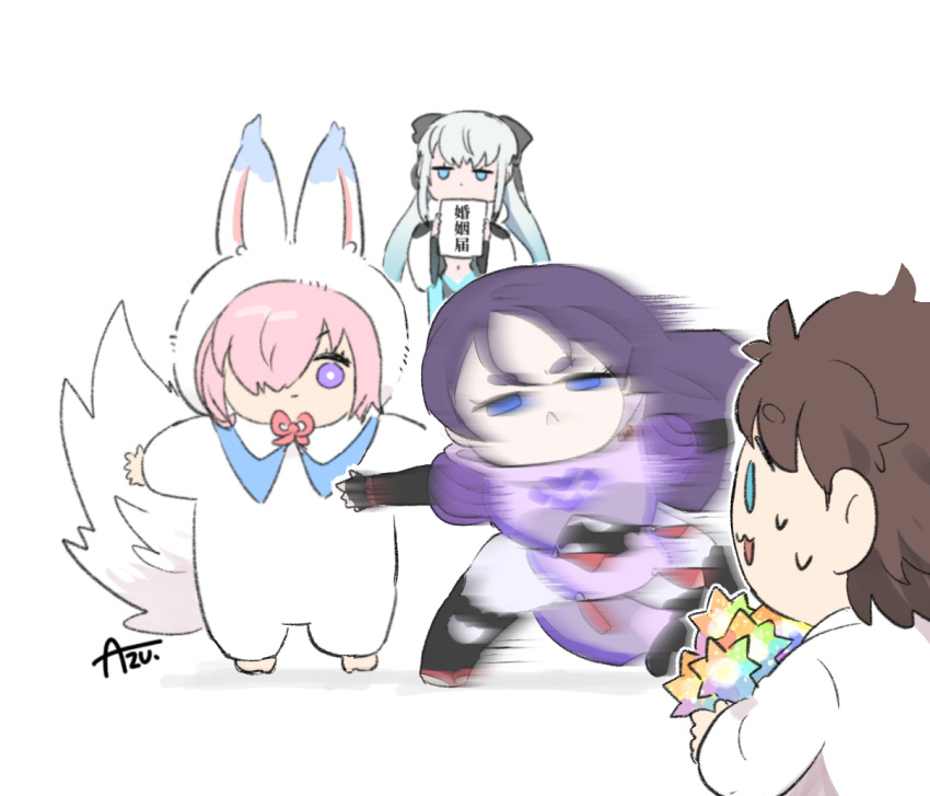 1boy 3girls azu_(kirara310) black_bow black_hair blue_eyes bow chaldea_uniform chibi closed_mouth clothing_cutout commentary_request cosplay dress fate/grand_order fate_(series) fou_(fate) fou_(fate)_(cosplay) from_behind fujimaru_ritsuka_(male) grey_hair hair_bow hair_over_one_eye holding jacket long_hair mash_kyrielight minamoto_no_raikou_(fate) morgan_le_fay_(fate) multiple_girls navel navel_cutout one_eye_covered pink_hair purple_eyes saint_quartz_(fate) short_hair signature simple_background sweat translation_request uniform white_background white_dress white_jacket wide_sleeves