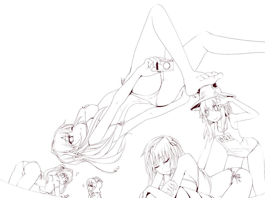 ass asskiler bad_id bad_pixiv_id barefoot bikini camera hat himekaidou_hatate kochiya_sanae lineart long_hair monochrome moriya_suwako multiple_girls one-piece_swimsuit one_eye_closed pointy_ears school_swimsuit shameimaru_aya short_hair swimsuit thong_bikini tokin_hat touhou twintails upside-down wardrobe_malfunction yasaka_kanako