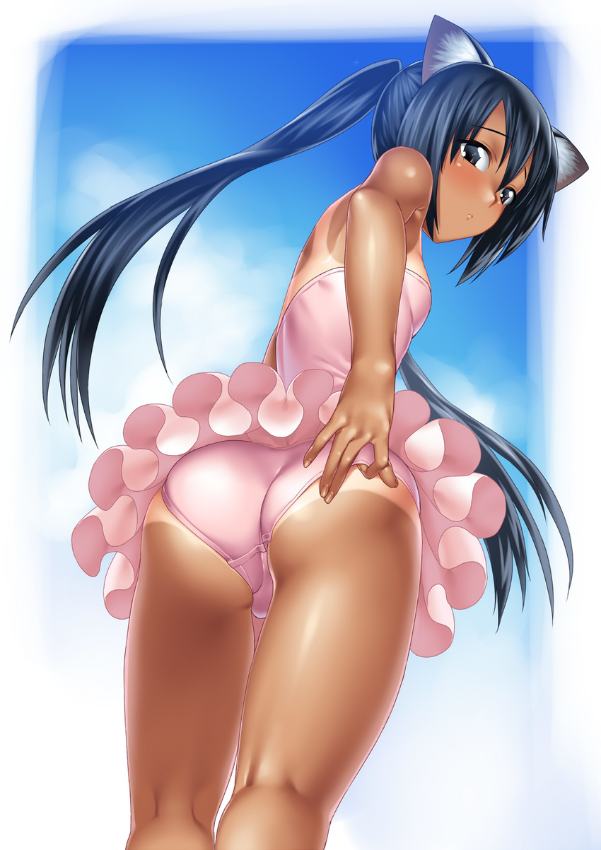 adjusting_clothes adjusting_swimsuit animal_ears ass bare_arms bare_shoulders black_eyes black_hair blush breasts casual_one-piece_swimsuit cat_ears day dutch_angle fingernails from_behind from_below hair_between_eyes highres k-on! kneepits long_hair looking_at_viewer looking_back looking_down nakano_azusa one-piece_swimsuit one-piece_tan outdoors pink_swimsuit sky small_breasts solo strapless strapless_swimsuit suzume_inui swimsuit tan tanline thighs twintails