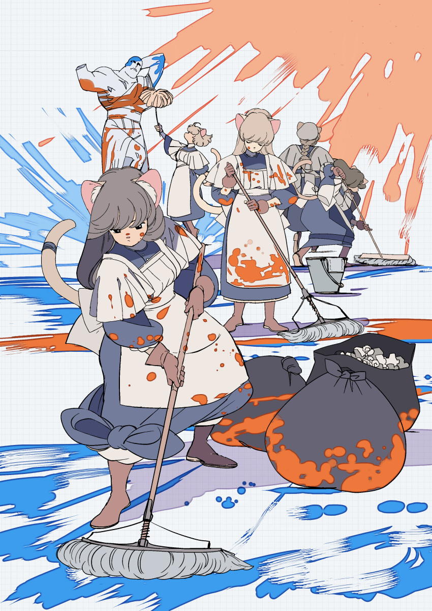 5girls absurdres animal_ear_fluff animal_ears apron blue_dress braid brown_gloves brown_hair bucket dress duster edoya_inuhachi gloves grid_background hat highres holding_duster holding_mop long_dress long_hair mop multiple_girls original short_hair stained_clothes statue tail trash_bag white_apron