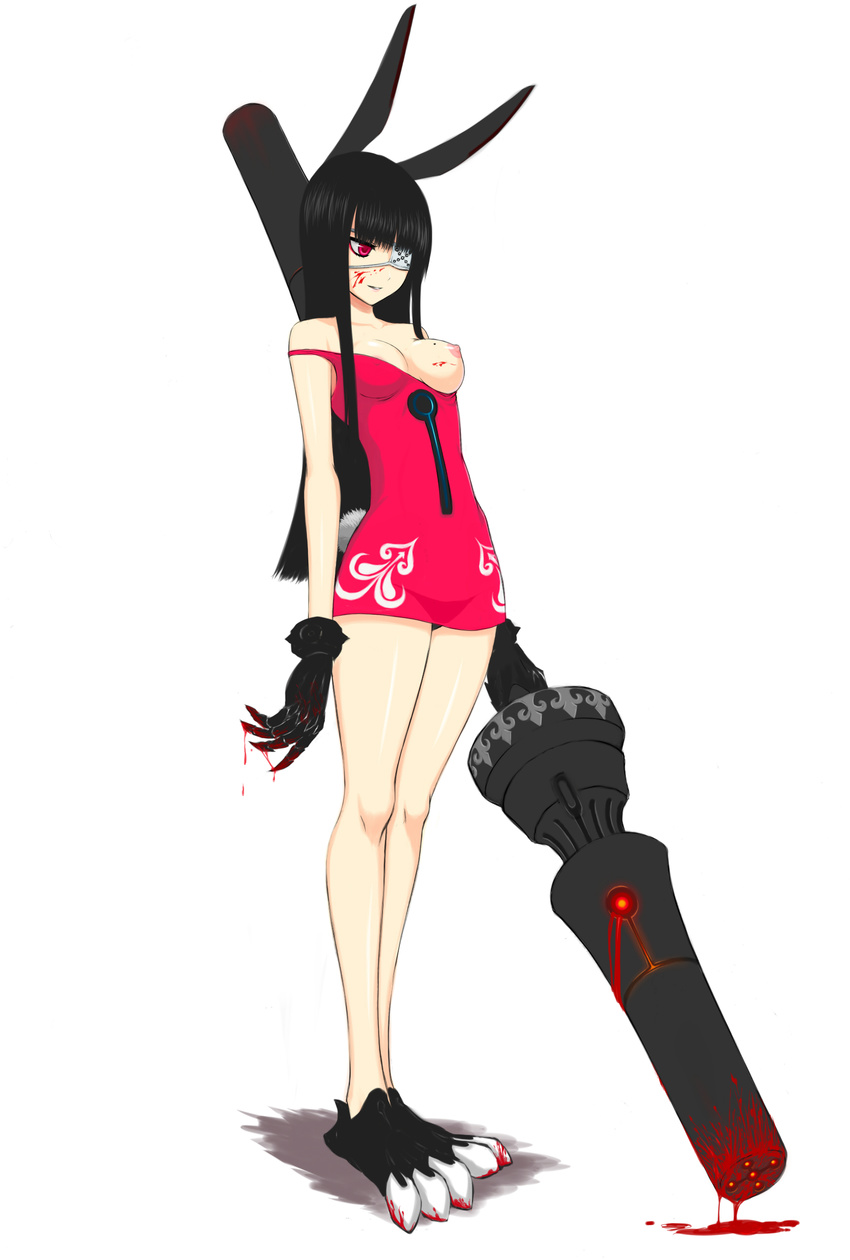 absurdres animal_ears bangs bare_shoulders black_hair blood blood_on_face blood_stain breast_slip breasts bunny_ears bunny_tail covered_nipples dress eyepatch gloves grin highres huge_weapon lang_(chikage36) legs long_hair medium_breasts mole mole_on_breast nipples one_breast_out original panties red_eyes smile smirk solo standing strap_slip tail underwear weapon