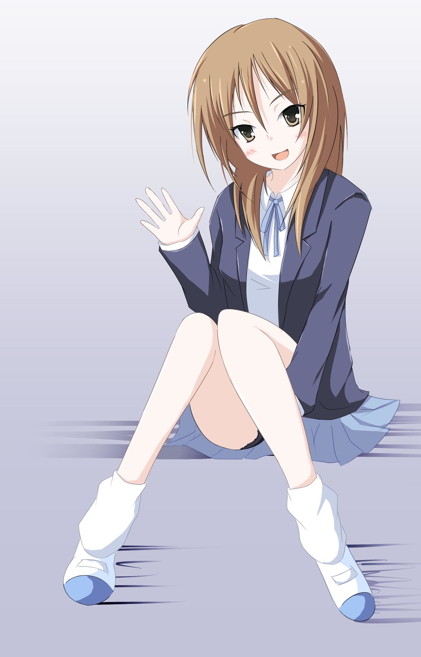 absurdres bad_id bad_pixiv_id black_panties brown_eyes brown_hair extra highres k-on! long_hair loose_socks okome_(minagisama) panties pantyshot pantyshot_(sitting) school_uniform shoes sitting socks solo tachibana_himeko underwear uwabaki waving