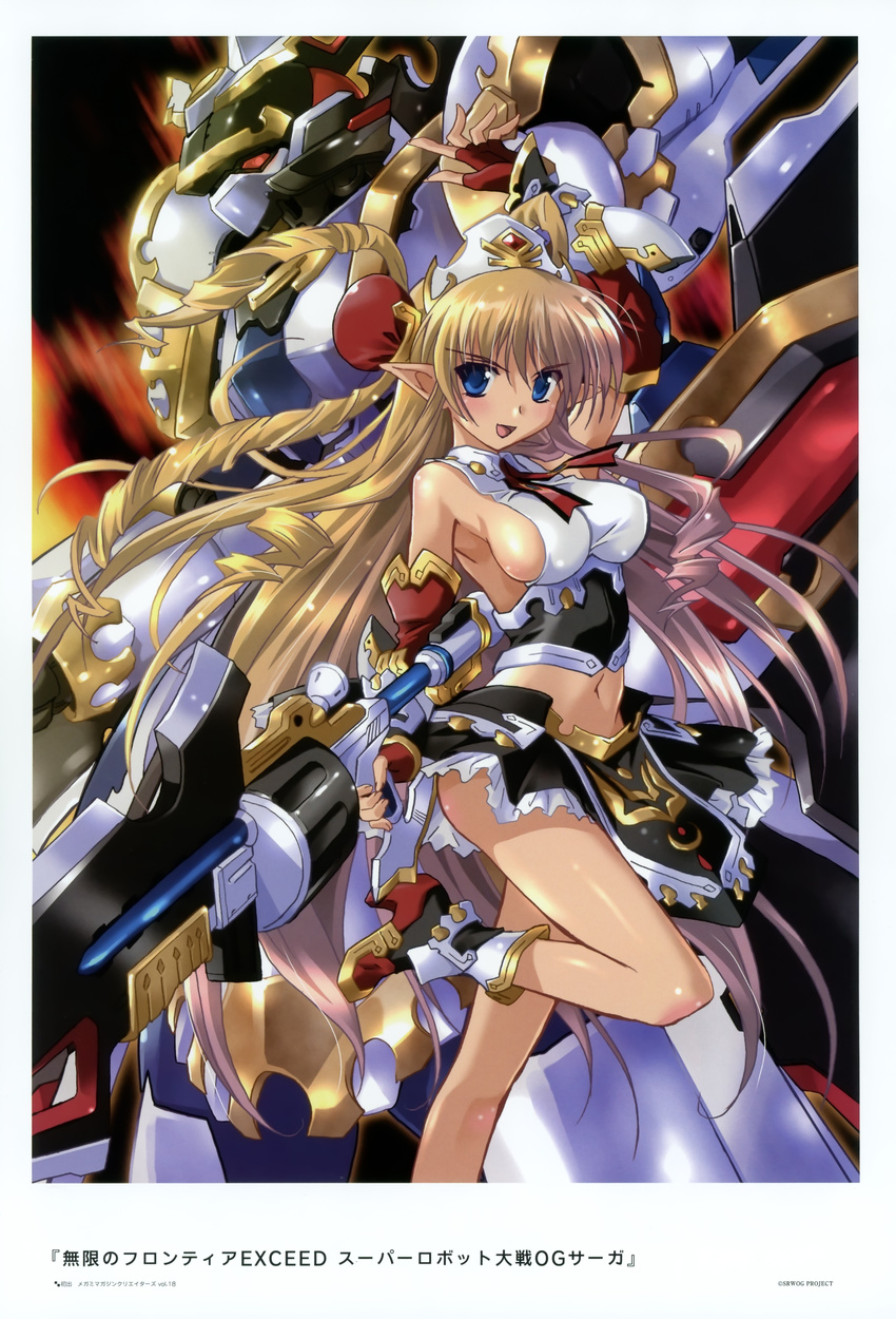 absurdres armpits blonde_hair blush boots breasts crown drill_hair feekleid fingerless_gloves frills gloves gradient_hair gun hairpods high_heels highres huge_weapon komatsu_eiji large_breasts long_hair midriff multicolored_hair neige_hausen pink_hair pointy_ears robot shoes sideboob skirt smile standing standing_on_one_leg super_robot_wars super_robot_wars_og_saga_mugen_no_frontier super_robot_wars_og_saga_mugen_no_frontier_exceed sword twintails very_long_hair weapon