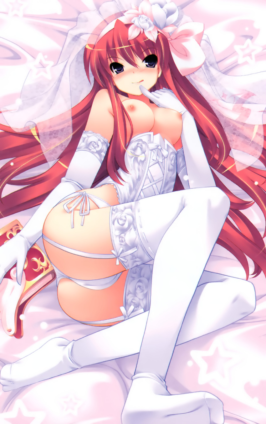 :q breasts elbow_gloves garter_straps gloves highres large_breasts long_hair nipples orange_hair prim_rina_oaklane primary_~magical_trouble_scramble~ purple_eyes solo thighhighs tongue tongue_out tsurugi_hagane white_legwear