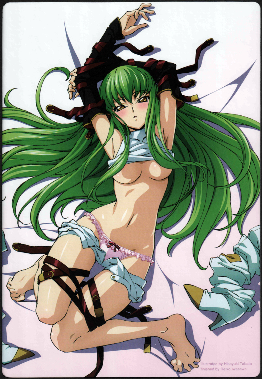 absurdres armpits arms_up barefoot breasts c.c. code_geass error feet green_hair highres iwasawa_reiko large_breasts long_hair panties scan solo spread_toes tabata_hisayuki thigh_gap toes underboob underwear undressing yellow_eyes