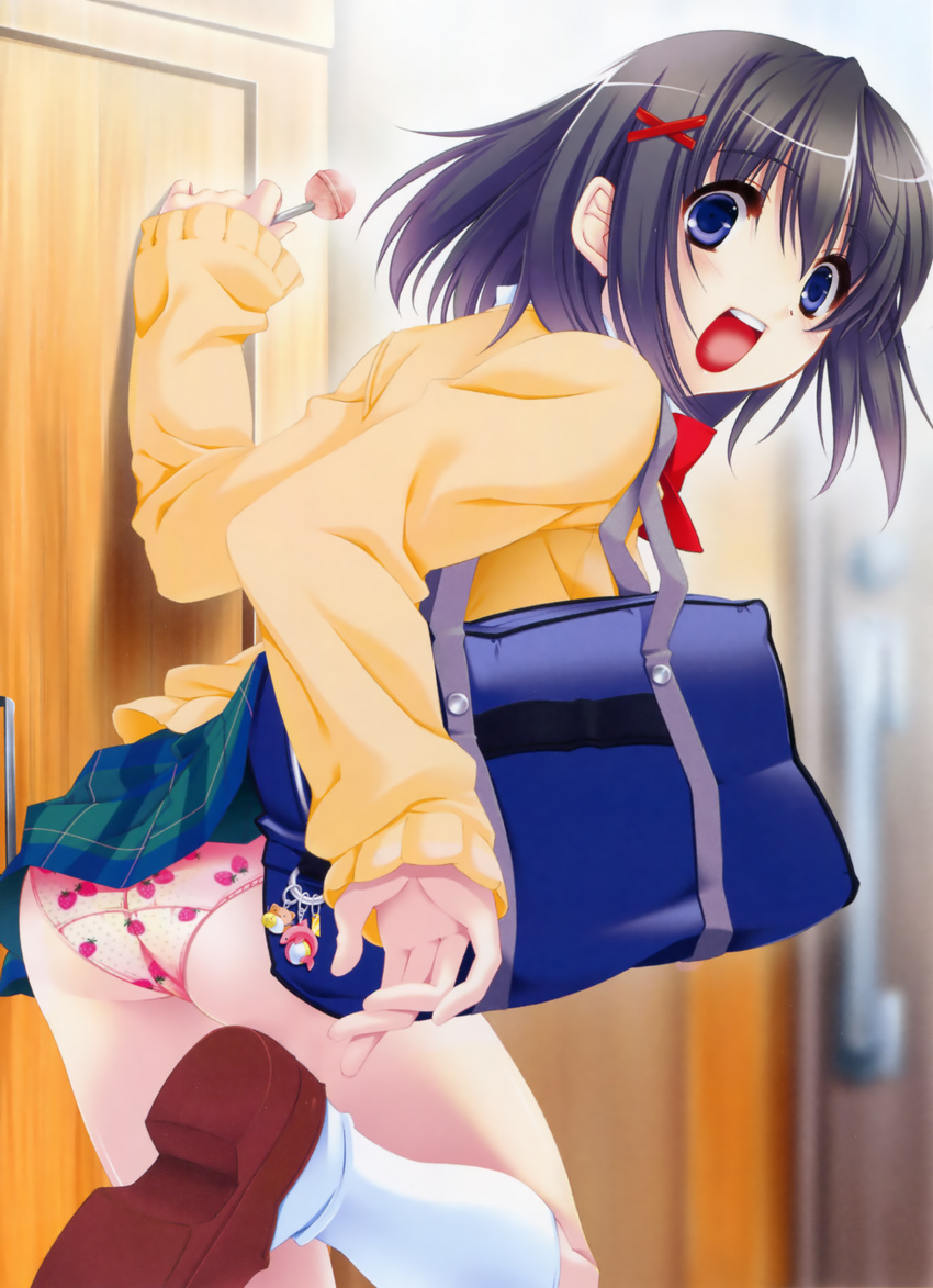 absurdres bag black_hair blue_eyes blush bow brown_hair candy food food_print from_behind hair_ornament hairclip highres kneehighs leaning lollipop looking_back narumi_suzune open_mouth original panties pink_panties print_panties school_uniform short_hair skirt smile socks solo strawberry_panties strawberry_print sweater underwear
