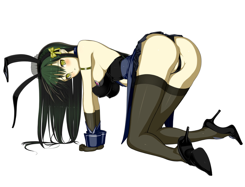all_fours animal_ears ass bad_id bad_pixiv_id blush bow breasts bunny_ears bunnysuit covered_nipples full_body green_hair high_heels medium_breasts nakabayashi_reimei one_eye_closed ouka_nagisa partially_visible_vulva shoes simple_background solo super_robot_wars super_robot_wars_original_generation thighhighs yellow_bow yellow_eyes