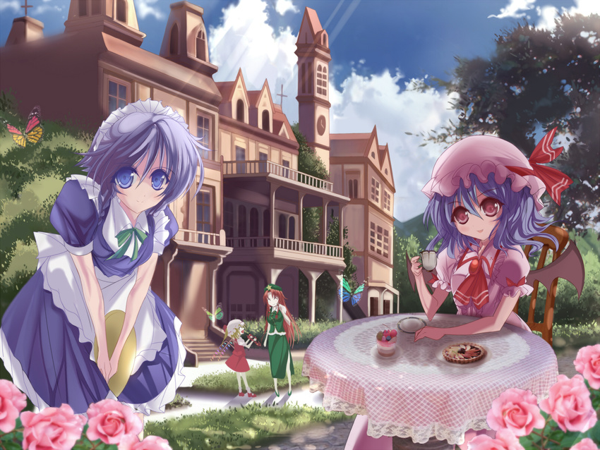 bad_id bad_perspective bad_pixiv_id bat_wings blonde_hair blue_hair braid bug butterfly chair china_dress chinese_clothes clock clock_tower cloud cup day dress flandre_scarlet flower grass hat highres hong_meiling insect izayoi_sakuya long_hair maid maid_headdress marionette_(excle) multiple_girls red_hair remilia_scarlet scarlet_devil_mansion short_hair sitting smile table teacup touhou tower tree window wings