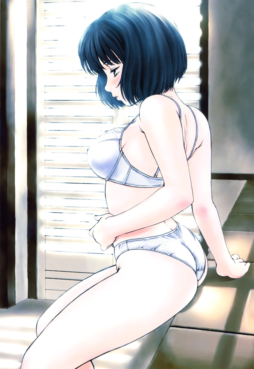 absurdres ass black_hair blush bra highres kobayashi_hiyoko lace lace-trimmed_bra lingerie non-web_source official_art oku-sama_wa_joshi_kousei onohara_asami panties short_hair sitting solo underwear underwear_only white_bra white_panties