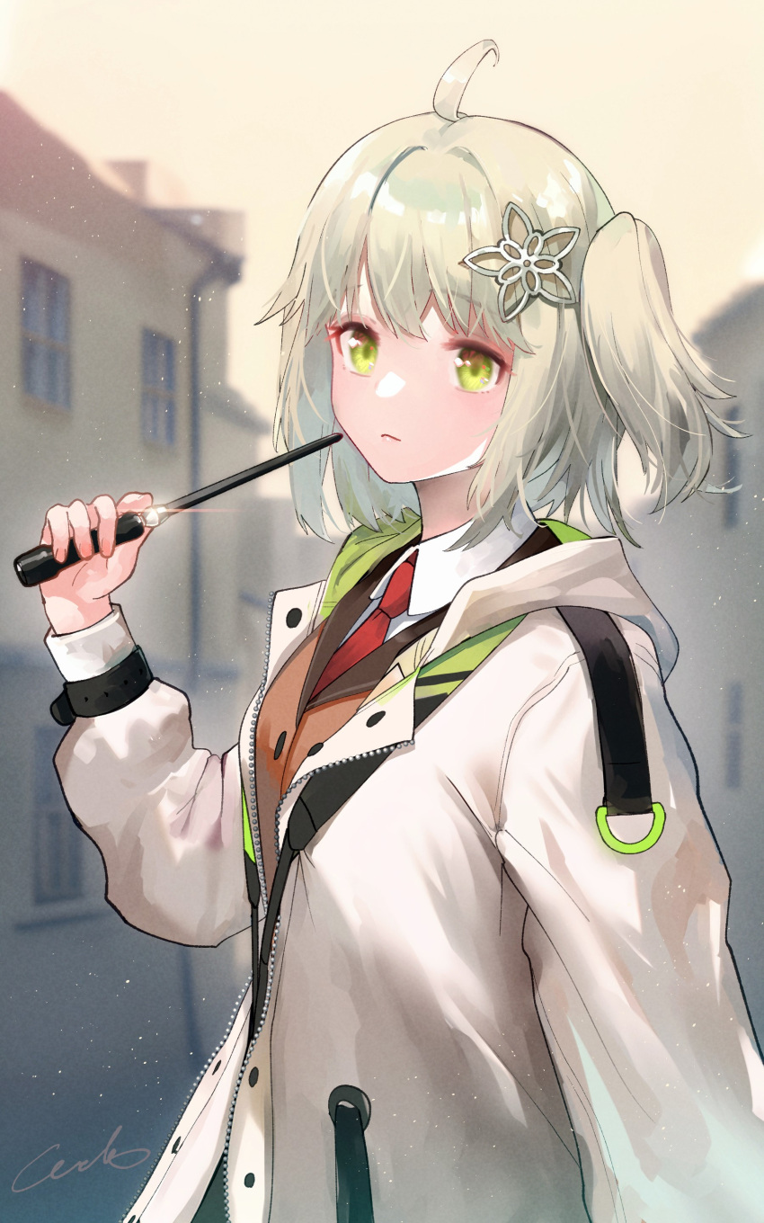 1girl absurdres ahoge arknights blonde_hair brown_vest building collared_shirt glint green_eyes hair_ornament hand_up highres holding holding_wand jacket long_sleeves looking_at_viewer necktie one_side_up open_clothes open_jacket outdoors red_necktie scene_(arknights) shirt short_hair signature solo star_(symbol) star_hair_ornament upper_body vest wand welt_(kinsei_koutenkyoku) white_jacket white_shirt yellow_sky