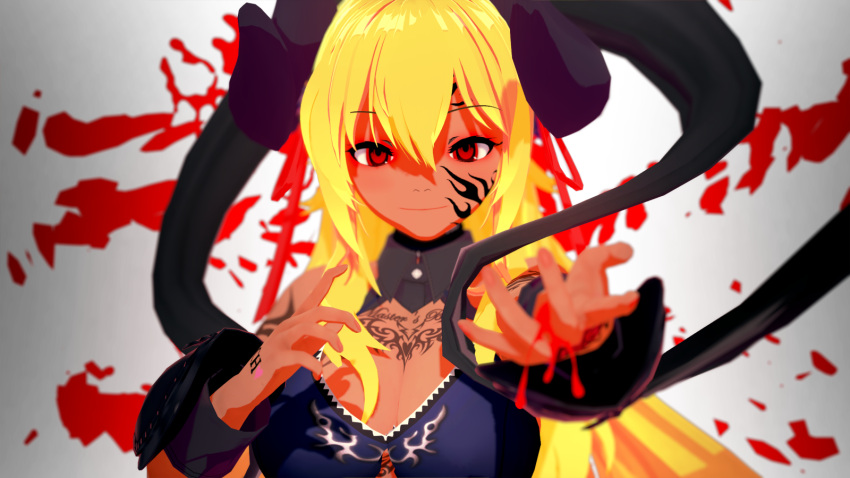 1girl alternate_costume alternate_eye_color alternate_skin_color blonde_hair body_writing breasts cleavage corruption cygames dark_persona dark_skin demon_horns dragalia_lost english_text evil hair_ornament hair_ribbon highres horns junazura koikatsu looking_at_viewer midriff morsayati nintendo official_alternate_costume possessed purple_background reaching reaching_out ribbon tattoo zethia