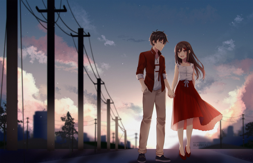 1boy 1girl :d alternate_costume black_eyes black_footwear black_hair blurry brown_eyes brown_hair casual cloud dusk footwear frills gradient_sky hair_ornament hairpin hand_in_pocket high_heels highres holding_hands jewelry k-rumi kagerou_project khakis kisaragi_shintarou light_smile long_hair looking_at_another mekakucity_actors multiple_hairpins necklace no_scarf pants power_lines red_shirt red_skirt ribbon shirt short_hair skirt sky skyline sleeveless sleeveless_shirt sleeves_past_elbows sleeves_rolled_up smile tateyama_ayano tree twilight unbuttoned unbuttoned_shirt white_ribbon white_shirt