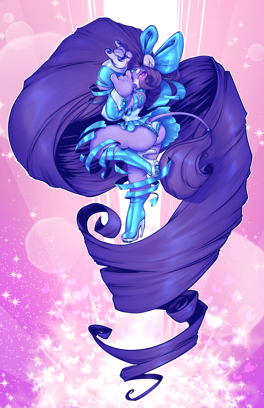 &lt;3 &lt;3_eyes 2018 5_fingers absurd_res anthro big_breasts blue_clothing blue_dress blue_ribbon bose bose_(character) breasts butt clothing digital_media_(artwork) dress felid female fingerpads fingers footwear fur gesture hair hi_res high_heels inner_ear_fluff lion lips long_hair magical_girl_outfit mammal on_one_leg pantherine pawpads purple_body purple_eyes purple_fur purple_hair purple_lips solo sparkles standing tuft