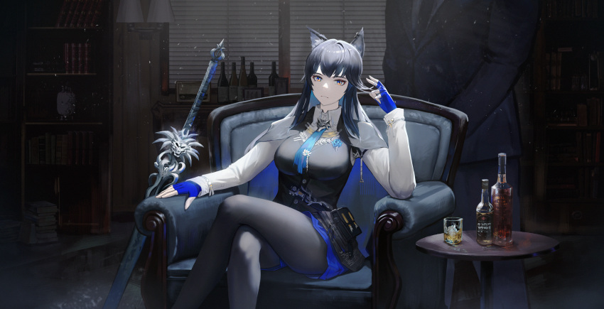 1girl 1other absurdres alcohol animal_ears arknights armchair black_hair black_pantyhose black_vest blue_gloves blue_necktie blue_shorts book book_stack bottle breasts cape chair collared_shirt cup dark ear_piercing feet_out_of_frame fingerless_gloves gloves hand_in_own_hair highres ice ice_cube indoors jangsunyo lamp large_breasts long_hair looking_at_viewer necktie pantyhose pantyhose_under_shorts piercing shelf shirt shorts sitting sword table texas_(arknights) thighs vest weapon white_cape white_shirt wolf_ears wolf_girl yellow_eyes