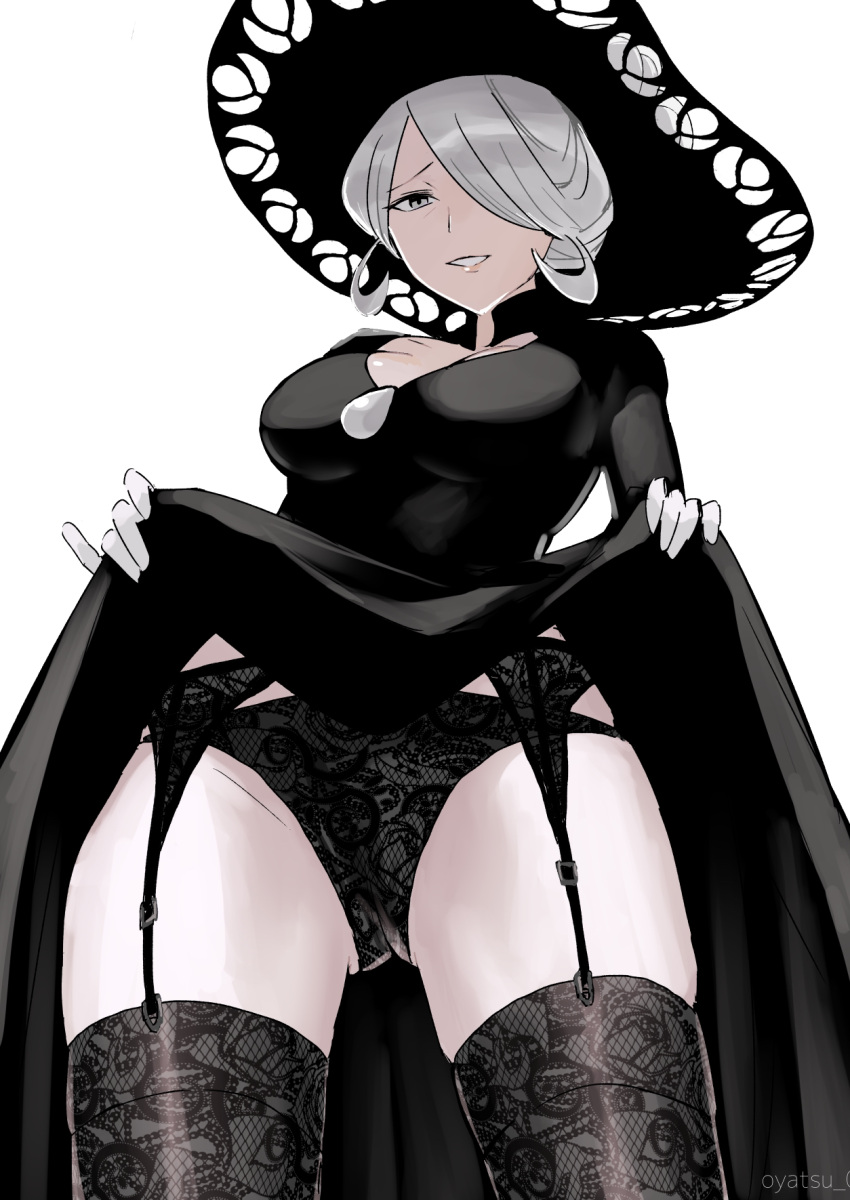 1girl artist_name ass_visible_through_thighs black_dress black_headwear breasts cleavage_cutout clothing_cutout cogita_(pokemon) collarbone dress eyelashes garter_belt garter_straps gloves grey_hair hair_over_one_eye hat highres lace-trimmed_legwear lace-trimmed_panties lace_trim large_breasts lifted_by_self mature_female open_mouth oyatsu_0 panties pokemon pokemon_(game) pokemon_legends:_arceus short_hair simple_background skindentation smile solo thick_thighs thighhighs thighs underwear white_background white_gloves
