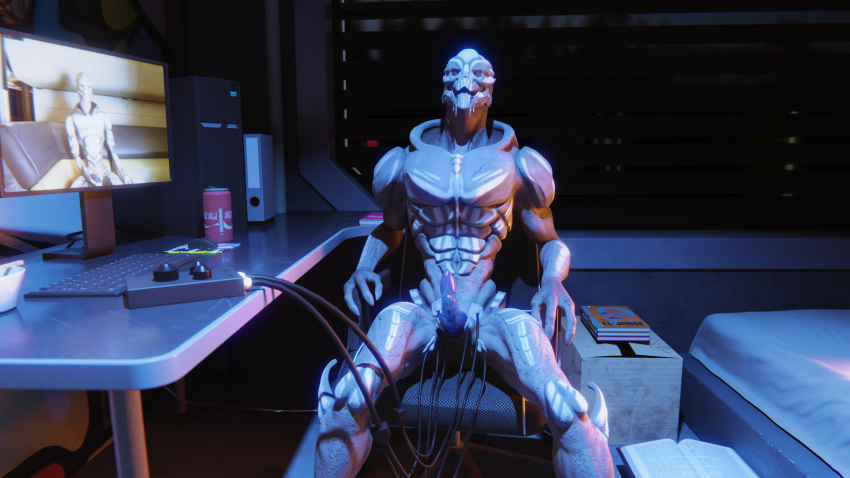 3d_(artwork) absurd_res alien camera controller digital_media_(artwork) duo electricity electrode electrostimulation erection genitals hi_res humanoid looking_pleasured male male/male mass_effect monitor not_furry nude penile penis ralic_turman remote_control turian video_games