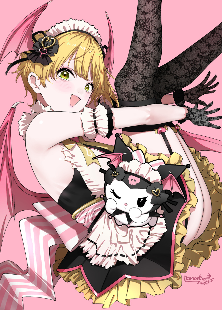 1girl alternate_costume arm_garter ass back_bow black_gloves black_thighhighs blonde_hair blush bow breasts crossover demon_wings dress enmaided garter_straps gloves head_wings highres idolmaster idolmaster_cinderella_girls kuromi looking_at_viewer looking_to_the_side maid maid_headdress maou_(demonlord) medium_breasts miyamoto_frederica onegai_my_melody pink_background short_hair simple_background sleeveless sleeveless_dress smile solo thighhighs wings