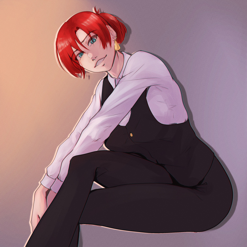 1girl absurdres bartender black_pants blue_eyes boudica_(fate) breasts crossed_legs earrings fate/grand_order fate_(series) giltori highres invisible_chair jewelry large_breasts leaning_forward long_sleeves looking_at_viewer pants red_hair shirt short_hair sitting smile solo white_shirt