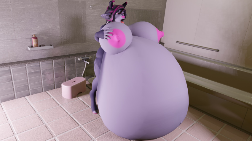 ahegao anthro bathroom belly blender_(software) bovid bovine breasts coolboy01fa hair herm hi_res holding_breast hose hose_inflation inflation intersex jazzie_grei looking_pleasured mammal nipples nude penetration pink_nipples purple_body purple_hair solo water_inflation yiffalicious