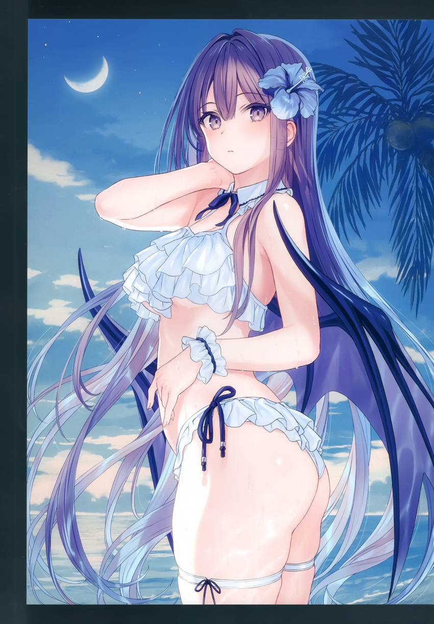 1girl absurdres bangs bikini blush bow bowtie breasts cloud cloudy_sky crescent_moon demon_wings flower frills from_side gradient gradient_sky hair_flower hair_ornament hand_up hibiscus highres long_hair looking_at_viewer low_wings medium_breasts moon night night_sky ocean original outdoors parted_lips purple_eyes purple_hair scan simple_background sky solo star_(sky) swimsuit thighs water water_drop wet wings wristband yashiro_seika