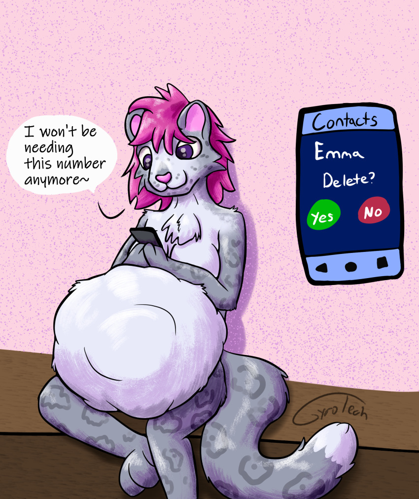 abdominal_bulge absurd_res ambiguous_gender ambiguous_prey anthro anthro_pred breasts dialogue felid female female_pred gyrotech hi_res mammal pantherine phone same_size_pred snow_leopard vore