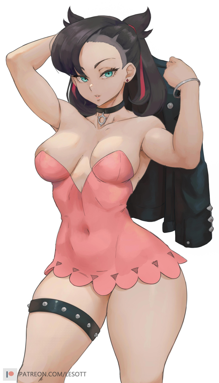 1girl absurdres alterlesott aqua_eyes bare_shoulders black_choker black_hair black_jacket breasts choker cleavage covered_navel dress hair_ribbon highres holding holding_clothes holding_jacket jacket looking_at_viewer marnie_(pokemon) medium_breasts pink_dress pokemon pokemon_(game) pokemon_swsh red_ribbon ribbon short_hair simple_background solo standing thick_thighs thigh_strap thighs white_background