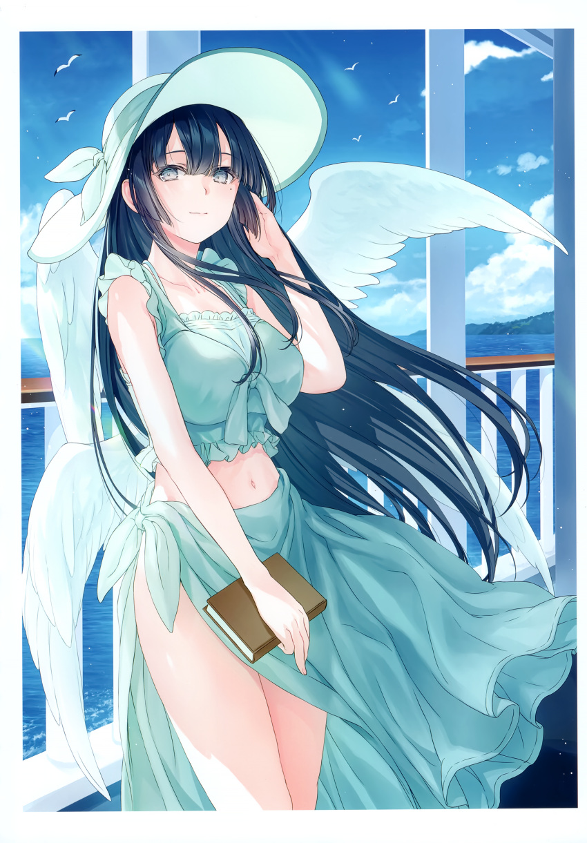 1girl absurdres animal bangs bare_shoulders bikini bird black_hair blue_sky book breasts cloud collarbone feathered_wings fingernails grey_eyes hand_up hat highres holding long_hair looking_at_viewer low_wings medium_breasts midriff mole mole_under_eye multiple_wings navel original sarong scan shiny shiny_skin simple_background sky sleeveless solo stomach swimsuit wings yashiro_seika