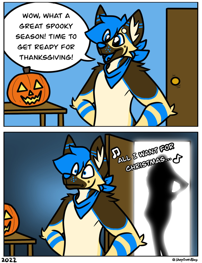 2_panel_comic anthro blue_hair blue_pupils blue_tongue brown_body brown_fur canid canine canis comic dialogue domestic_dog duo elbow_tuft facial_tuft female food fruit fur fur_markings furniture german_shepherd hair halloween herding_dog hi_res holidays human humor inner_ear_fluff jack-o'-lantern male mammal mariah_carey markings musical_note open_mouth pastoral_dog plant pumpkin pupils shepgoesblep shoulder_tuft surprise table tan_body tan_fur tongue tuft