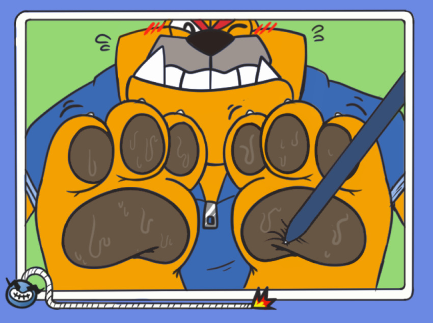 3_toes anthro bite blue_clothing blush bodily_fluids bomb bulldog canid canine canis chippyyumyum claws clothing domestic_dog dribble_(warioware) explosives feet foot_focus gameplay_mechanics green_background jumpsuit male mammal mastiff molosser pawpads paws poking simple_background soles solo stylus sweat toe_claws toes under