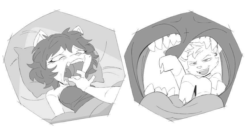 2022 anthro bed domestic_cat felid feline felis female female/female finger_in_mouth furniture gaping_mouth greyscale lecigzz lion mammal monochrome mouth_play on_bed open_mouth pantherine reverse_mouth_shot sharp_teeth teeth tongue under_covers uvula