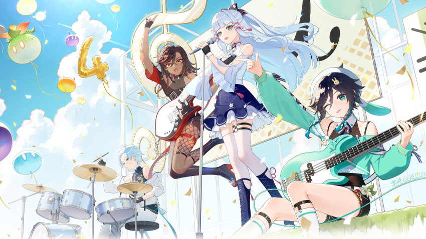 2boys 2girls absurdres ahoge animal_ears aqua_hair bangs bare_legs bare_shoulders bass_guitar black_gloves black_hair blue_eyes blue_hair blue_skirt blunt_bangs bodysuit braid breasts brown_hair chinese_text chongyun_(genshin_impact) closed_mouth cloud concert confetti dark-skinned_female dark_skin day drum drumsticks earrings fingerless_gloves fishnet_pantyhose fishnets forehead genshin_impact gloves gradient_hair green_eyes grey_eyes guitar hair_between_eyes hair_ornament hat high_heels highres holding holding_instrument instrument jacket jewelry kamisato_ayaka knee_up leg_up long_hair long_sleeves microphone multicolored_hair multiple_boys multiple_girls music off_shoulder official_art one_eye_closed open_clothes open_mouth pants pantyhose playing_instrument ponytail rabbit_ears rabbit_hat ribbon rj_(lingshih10) short_hair short_sleeves sitting skirt sky sleeveless slime_(genshin_impact) small_breasts smile streaked_hair tongue tongue_out twin_braids twintails twitter_username two-tone_hair venti_(genshin_impact) white_pants white_pantyhose xinyan_(genshin_impact)
