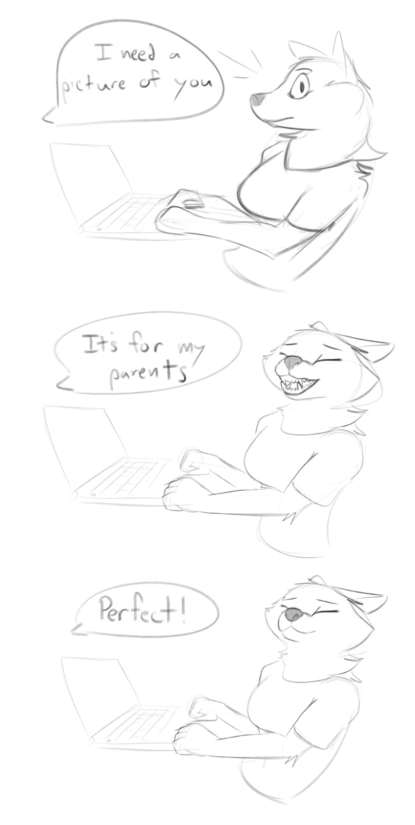 absurd_res anthro canid canine clothed clothing comic computer english_text female hi_res laptop mammal schmutzo smile smiling_at_viewer solo text