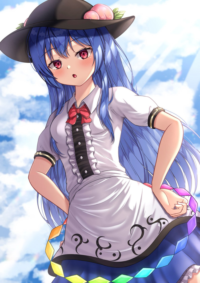 1girl apron black_headwear blouse blue_bow blue_hair blue_skirt bow bowtie buttons cross-laced_footwear dress_shirt food frills fruit hat highres hinanawi_tenshi leaf long_hair neck_ribbon peach puffy_short_sleeves puffy_sleeves rainbow_gradient rainbow_order red_bow red_eyes reijing_etrn ribbon shirt short_sleeves simple_background skirt solo touhou white_background white_shirt wing_collar