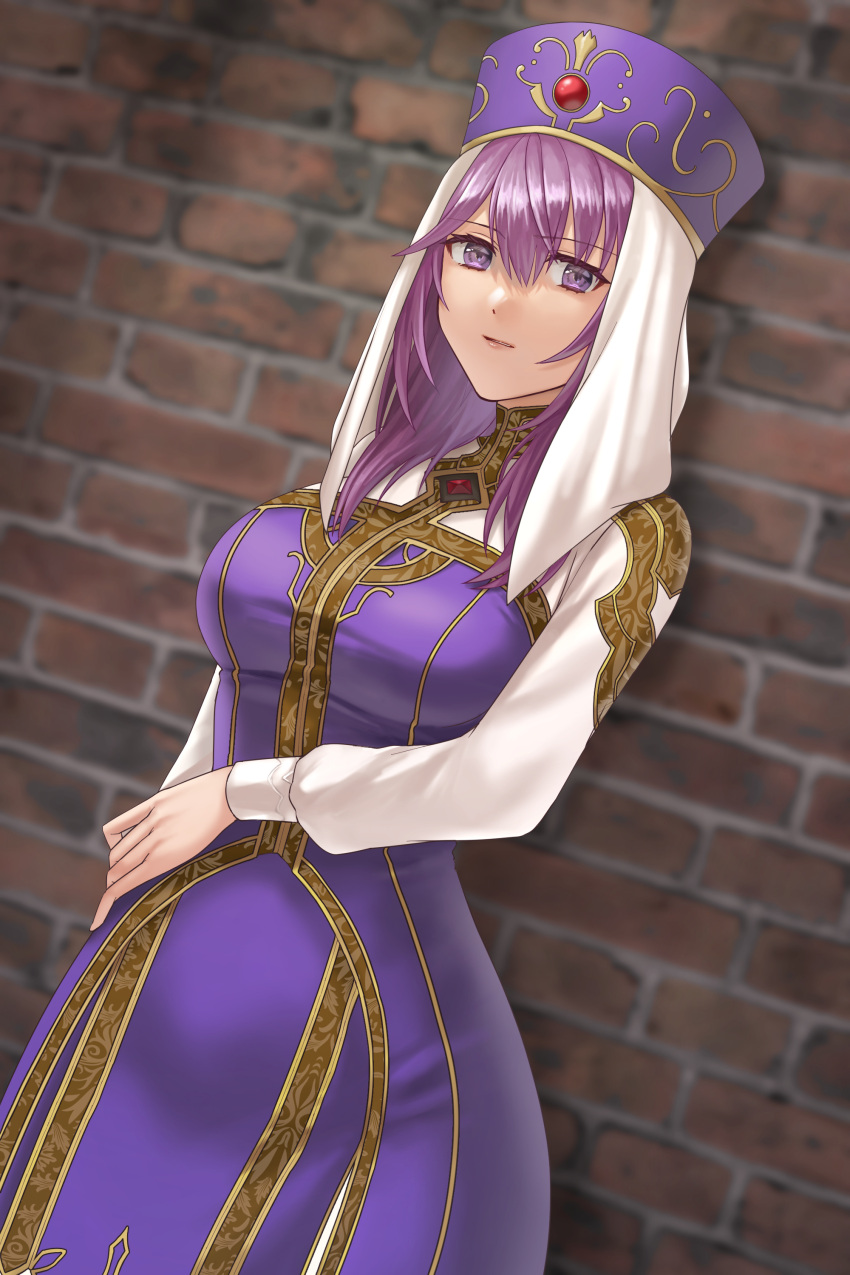 1girl absurdres brick_wall cowboy_shot dress dutch_angle eremiya fire_emblem fire_emblem:_new_mystery_of_the_emblem hat hazuki_(nyorosuke) highres long_dress long_sleeves looking_at_viewer medium_hair purple_dress purple_eyes purple_hair purple_headwear shirt simple_background solo veil white_shirt white_veil