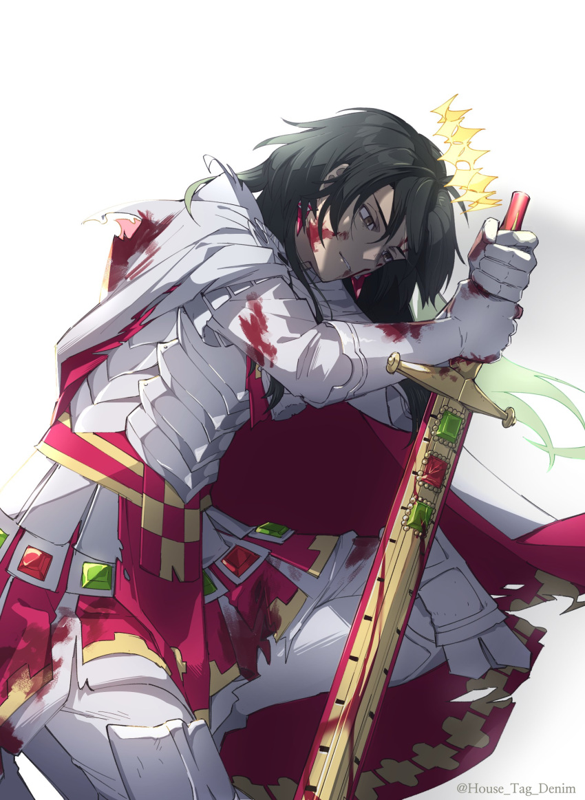 1boy absurdres armor black_hair blood blood_on_clothes blood_on_face blood_on_weapon brown_eyes cloak commentary_request constantine_xi_(fate) earrings fate/grand_order fate_(series) feet_out_of_frame gem gloves gradient_hair green_gemstone green_hair hair_between_eyes halo highres holding holding_sword holding_weapon house_tag_denim jewelry korean_commentary long_hair looking_down male_focus multicolored_hair one_knee pants parted_lips poleyn red_gemstone sheath sheathed simple_background solo sword tassel torn_cloak torn_clothes tunic twitter_username two-sided_fabric weapon white_armor white_background white_cloak white_footwear white_gloves white_pants white_tunic