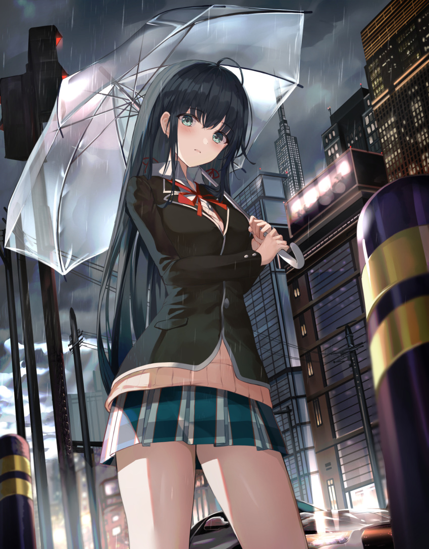 1girl ahoge black_hair black_jacket blazer blue_eyes blue_skirt blush breasts city cloud cloudy_sky collared_shirt commentary_request cowboy_shot grey_sky hair_between_eyes highres holding holding_umbrella jacket long_hair long_sleeves looking_at_viewer medium_breasts miniskirt neck_ribbon outdoors parted_lips plaid plaid_skirt pleated_skirt pray_(furei) rain red_ribbon ribbon school_uniform shirt skirt sky sobu_high_school_uniform solo straight_hair sweater thighs umbrella white_shirt wing_collar winter_uniform yahari_ore_no_seishun_lovecome_wa_machigatteiru. yellow_sweater yukinoshita_yukino