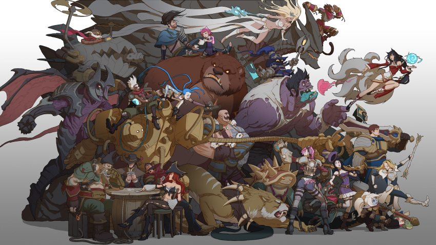 6+boys 6+girls aatrox ahri_(league_of_legends) aircraft animal_ears annie_(league_of_legends) armor ass bald barrel bear beard black_hair blitzcrank blonde_hair blue_hair braid braum_(league_of_legends) breasts brown_hair caitlyn_(league_of_legends) card cassiopeia_(league_of_legends) chair character_request child cigar colored_skin corki crate cup dark-skinned_male dark_skin demon_wings dr._mundo ekko_(league_of_legends) english_commentary facial_hair female_child fox_ears fox_tail garen_(league_of_legends) gauntlets graves_(league_of_legends) gun hammer hat hat_removed headwear_removed heart highres holding holding_card holding_gun holding_hammer holding_staff holding_sword holding_wand holding_weapon janna_(league_of_legends) jason_chan jinx_(league_of_legends) kumiho lamia large_breasts league_of_legends long_hair lux_(league_of_legends) machine_gun malphite mechanical_arms medium_breasts medium_hair miss_fortune_(league_of_legends) monkey_tail monster monster_girl multiple_boys multiple_girls multiple_tails muscular muscular_male mustache navel official_art orb pink_hair pirate_hat playing_card pointy_ears ponytail poppy_(league_of_legends) poro_(league_of_legends) propeller purple_skin rammus rifle robot rope sabretooth_tiger sharp_teeth short_hair shoulder_armor shoulder_tattoo sitting spiked_shell staff sword syringe table tail tattoo teacup teapot teeth tibbers tongue tongue_out torn_clothes twin_braids twisted_fate veigar veins very_long_hair vi_(league_of_legends) wand weapon white_hair wings wukong_(league_of_legends) yasuo_(league_of_legends) yellow_eyes yordle