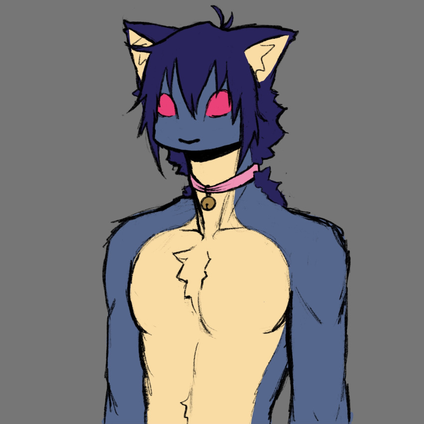 anthro bangs bell bell_collar black_nose blue_body blue_fur blue_hair chest_tuft collar dreamscreep felid feline fur hair hi_res inner_ear_fluff male mammal mika_(dreamscreep) muscular muscular_anthro muscular_male pink_eyes prick_ears solo tuft yellow_body yellow_fur