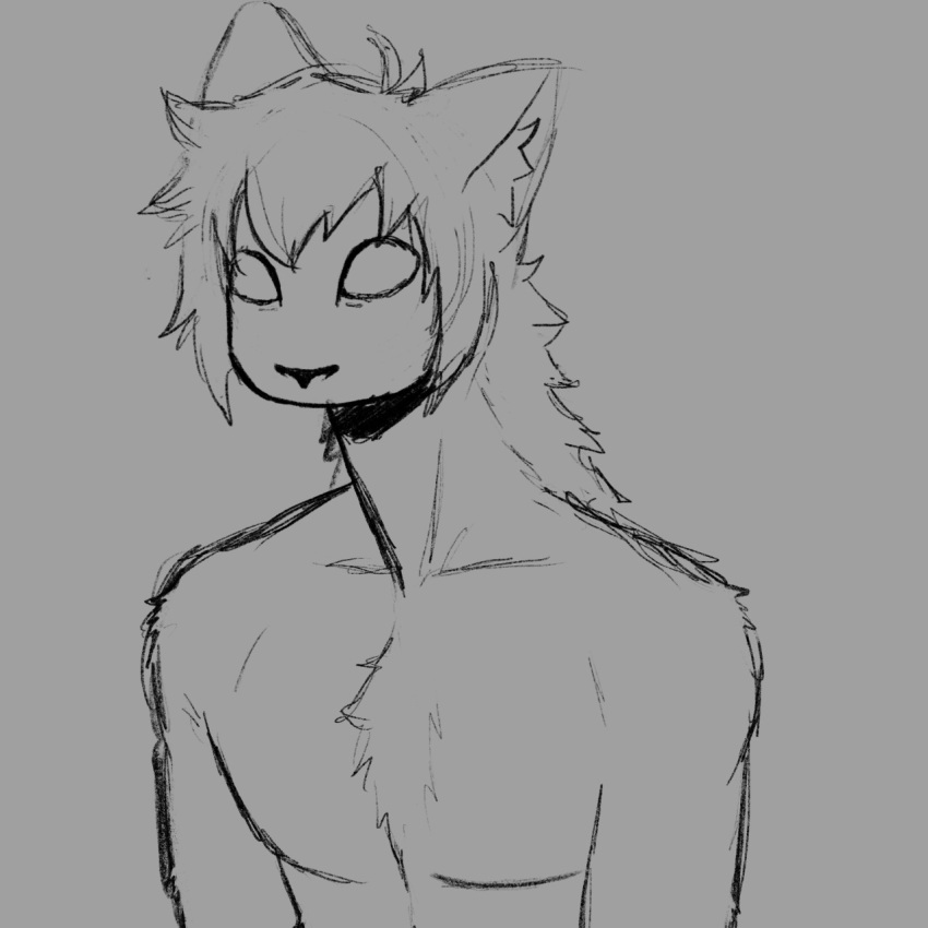 anthro bangs black_nose chest_tuft dreamscreep felid feline grey_background hair hi_res inner_ear_fluff male mammal mika_(dreamscreep) muscular muscular_anthro muscular_male no_pupils prick_ears simple_background sketch solo spiky_hair tuft