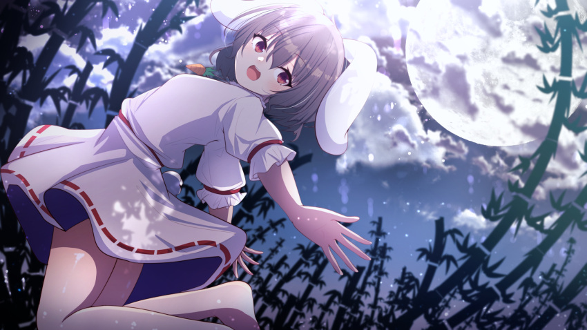 1girl animal_ears bamboo bamboo_forest barefoot black_hair carrot_necklace darumoon dress floppy_ears forest frilled_sleeves frills highres inaba_tewi jewelry nature necklace pink_dress pink_shirt pink_skirt puffy_short_sleeves puffy_sleeves rabbit_ears rabbit_girl rabbit_tail red_eyes ribbon-trimmed_dress ribbon-trimmed_skirt ribbon_trim shirt short_hair short_sleeves skirt solo tail touhou wavy_hair