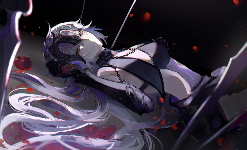 1girl absurdres black_background black_gloves blurry blurry_foreground breasts chain commentary fate/grand_order fate_(series) flower gauntlets gloves gradient gradient_background grey_hair hand_up headpiece highres jeanne_d'arc_alter_(avenger)_(fate) jeanne_d'arc_alter_(fate) large_breasts long_hair looking_at_viewer lying on_back parted_lips polearm red_flower red_rose rose side_cutout spear weapon yellow_eyes zaza_(zazam_s)