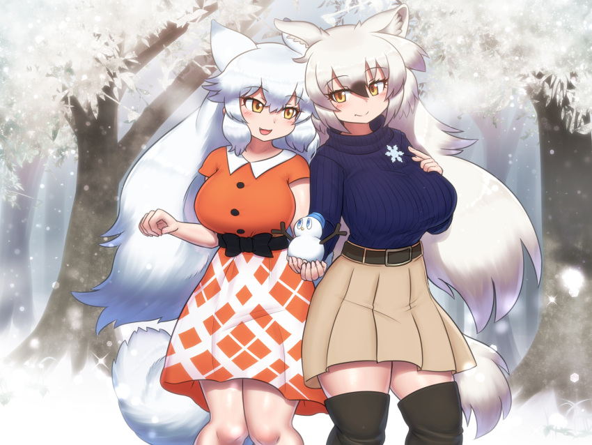 2girls alternate_costume animal_ears arctic_fox_(kemono_friends) arctic_wolf_(kemono_friends) belt blue_sweater boots breasts brown_hair dress fox_ears fox_girl fox_tail highres holding_snowman kemono_friends large_breasts long_hair miniskirt mo23 multicolored_hair multiple_girls orange_dress orange_eyes ribbed_sweater sash skirt smile streaked_hair sweater tail thigh_boots tree turtleneck turtleneck_sweater very_long_hair white_hair winter wolf_ears wolf_girl wolf_tail zettai_ryouiki