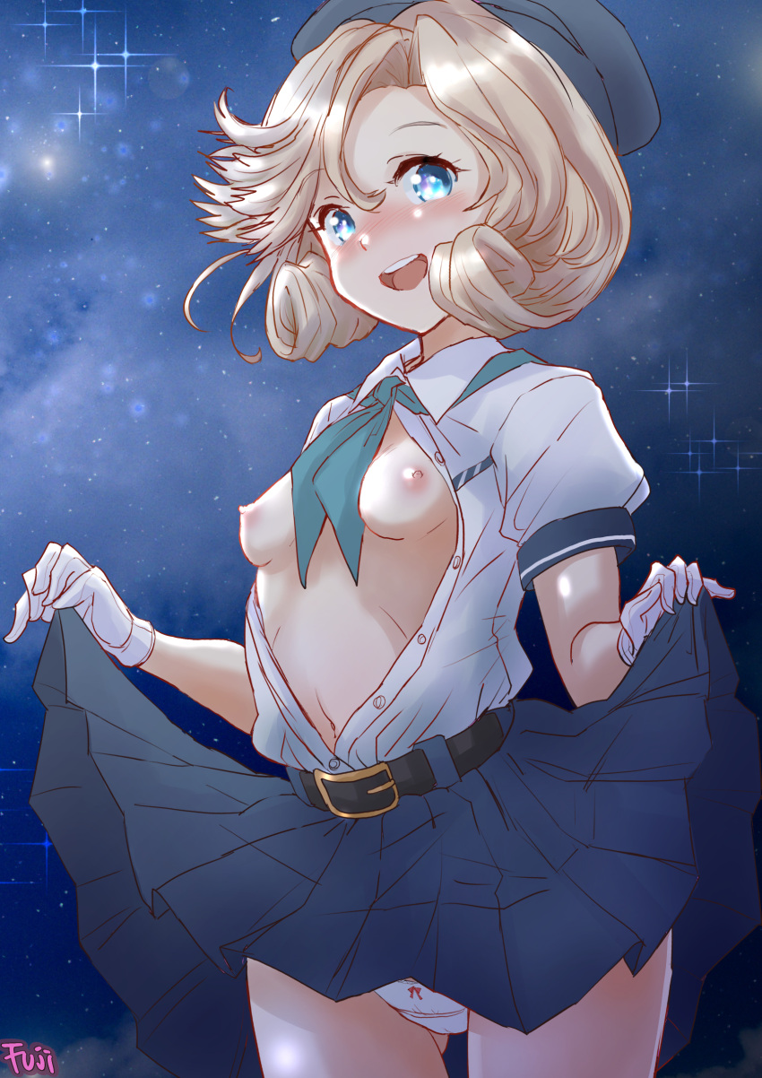 1girl bangs belt black_belt blonde_hair blue_eyes blue_headwear blue_skirt breasts breasts_out cowboy_shot curtsey fuji_(pixiv24804665) gloves hat highres janus_(kancolle) kantai_collection medium_hair miniskirt navel night night_sky nipples official_alternate_costume panties parted_bangs partially_unbuttoned pleated_skirt skirt skirt_hold sky small_breasts solo star_(sky) starry_sky underwear white_gloves white_panties