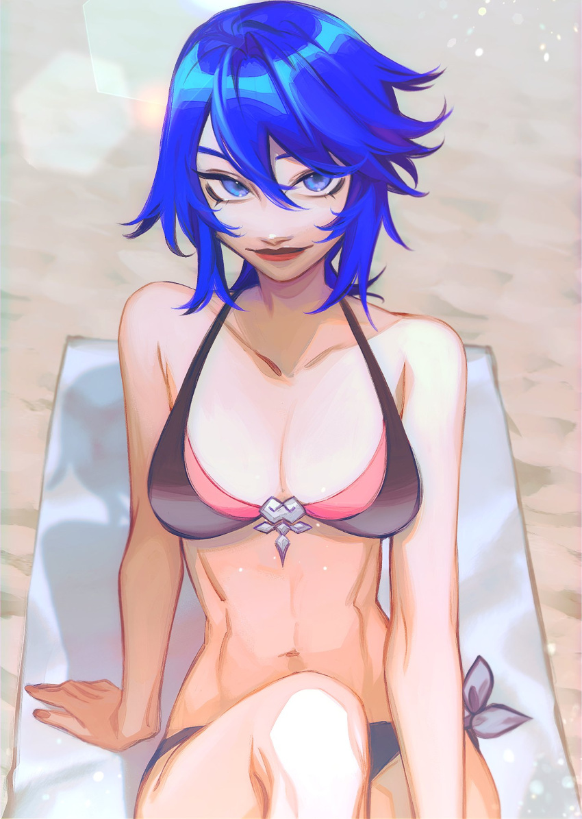 1girl abs alternate_costume aqua_(kingdom_hearts) bare_arms beach beach_towel bikini black_bikini blue_eyes breasts cleavage collarbone cowboy_shot hair_between_eyes highres kingdom_hearts light_smile looking_at_viewer maplekeurig medium_breasts midriff navel pink_bikini sand short_hair sitting solo swimsuit toned towel two-tone_bikini