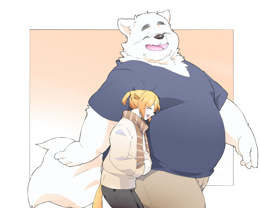 2022 anthro belly big_belly bottomwear canid canine canis clothing domestic_dog duo eyes_closed hi_res inunoshippo kemono laugh male mammal overweight overweight_male pants scarf shirt size_difference topwear