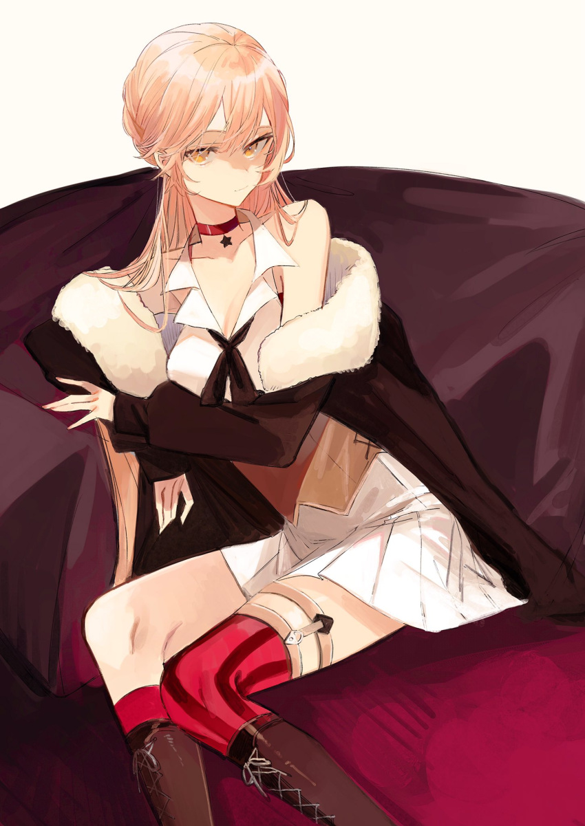 1girl aaoshigatoutoi bangs blonde_hair boots breasts brown_corset brown_footwear brown_jacket choker cleavage closed_mouth collarbone corset couch dress feet_out_of_frame fur-trimmed_jacket fur_trim girls'_frontline highres jacket jacket_pull light_smile long_hair long_sleeves looking_at_viewer medium_breasts open_clothes open_jacket ots-14_(girls'_frontline) red_choker sitting solo star_(symbol) striped striped_thighhighs thighhighs very_long_hair white_background white_dress yellow_eyes