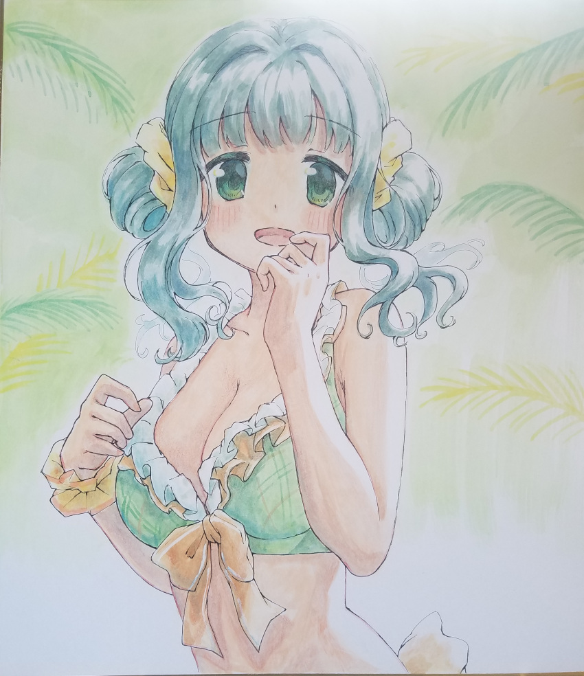 1girl :d absurdres aqua_hair asukaru_(magika_ru) bangs bikini blunt_bangs blush breasts cleavage dot_nose frilled_bikini frills front-tie_bikini_top front-tie_top futaba_sana futaba_sana_(swimsuit_costume) green_background green_bikini green_eyes hair_rings hand_up highres leaf leaf_background looking_at_viewer magia_record:_mahou_shoujo_madoka_magica_gaiden mahou_shoujo_madoka_magica medium_hair open_mouth plaid plaid_bikini scrunchie sidelocks single_wrist_cuff smile solo swimsuit traditional_media upper_body wavy_hair wrist_cuffs yellow_scrunchie