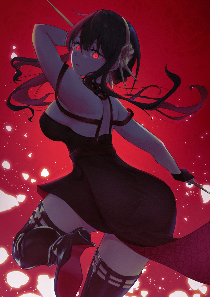 1girl absurdres amakumo517 black_dress boots dagger dress earrings gold_earrings gold_hairband high_heels highres jewelry knife looking_at_viewer red_background red_eyes short_hair_with_long_locks solo spy_x_family stiletto_(weapon) thigh_boots two-sided_dress two-sided_fabric weapon yor_briar