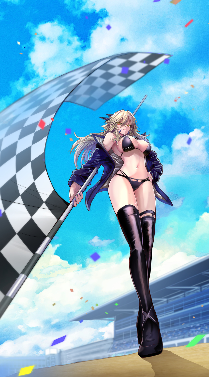 1girl absurdres alternate_hairstyle artoria_pendragon_(fate) artoria_pendragon_(lancer_alter)_(fate) bangs bikini black_bikini blonde_hair blue_jacket blue_sky boots braid breasts checkered_flag cleavage cloud cloudy_sky commission confetti day fate/grand_order fate_(series) flag french_braid from_below full_body hair_between_eyes highres holding holding_flag horns jacket large_breasts long_hair long_sleeves looking_at_viewer navel off_shoulder open_clothes open_jacket outdoors race_queen sidelocks skeb_commission sky solo stadium swimsuit thigh_boots umbrella wisespeak yellow_eyes