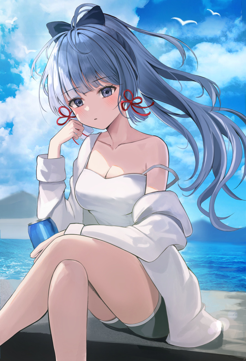 1girl absurdres alternate_costume bird blue_sky blunt_tresses blush bow breasts camisole cleavage cloud crossed_legs day drink feet_out_of_frame flower_knot genshin_impact hair_bow hair_ribbon highres holding holding_drink kamisato_ayaka leepy long_sleeves looking_at_viewer open_clothes open_shirt outdoors parted_lips ponytail ribbon shirt short_shorts shorts single_bare_shoulder sky sleeves_rolled_up solo strap_slip thighs tress_ribbon water white_camisole white_shirt